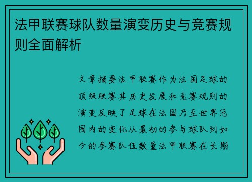 法甲联赛球队数量演变历史与竞赛规则全面解析