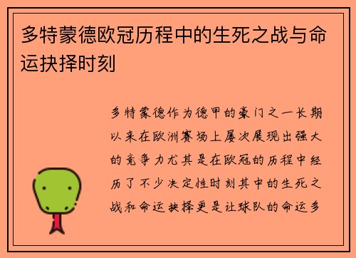 多特蒙德欧冠历程中的生死之战与命运抉择时刻