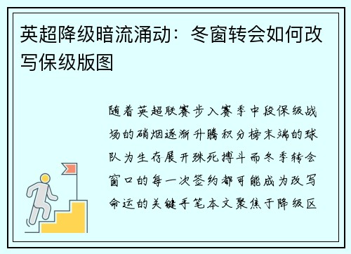 英超降级暗流涌动：冬窗转会如何改写保级版图