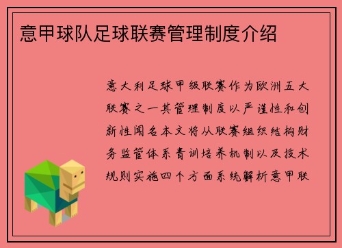 意甲球队足球联赛管理制度介绍